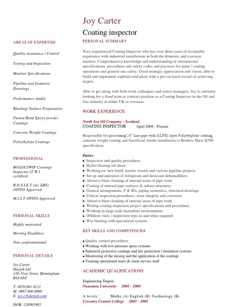 Coating Inspector CV Template | Pipeline Transport | Pipe (Fluid
