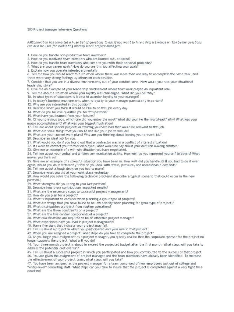 Essential Project Manager Interview Questions | PDF | Project ...
