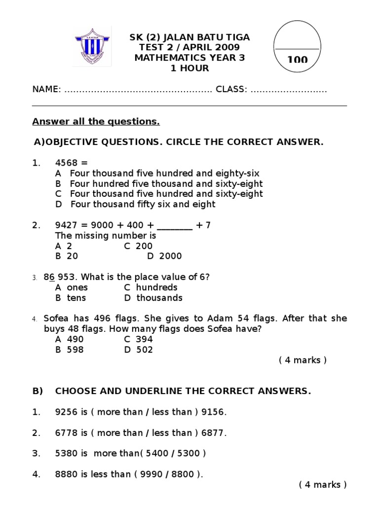 Soalan Matematik Penilaian 2 Tahun 3