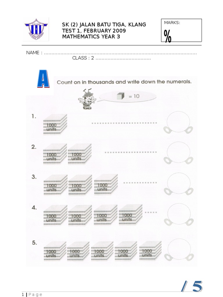 Soalan Matematik tahun 3 penilaian 1