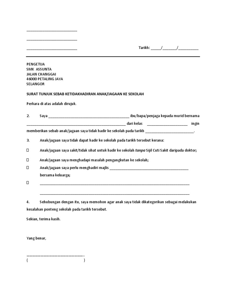 Surat Tidak Hadir Sekolah Pdf