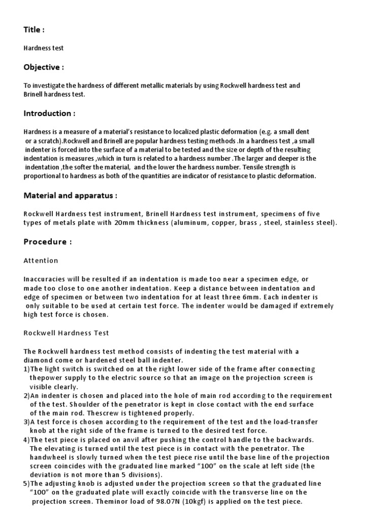 Material Science Hardness Test Lab Report Hardness Chemical Product Engineering