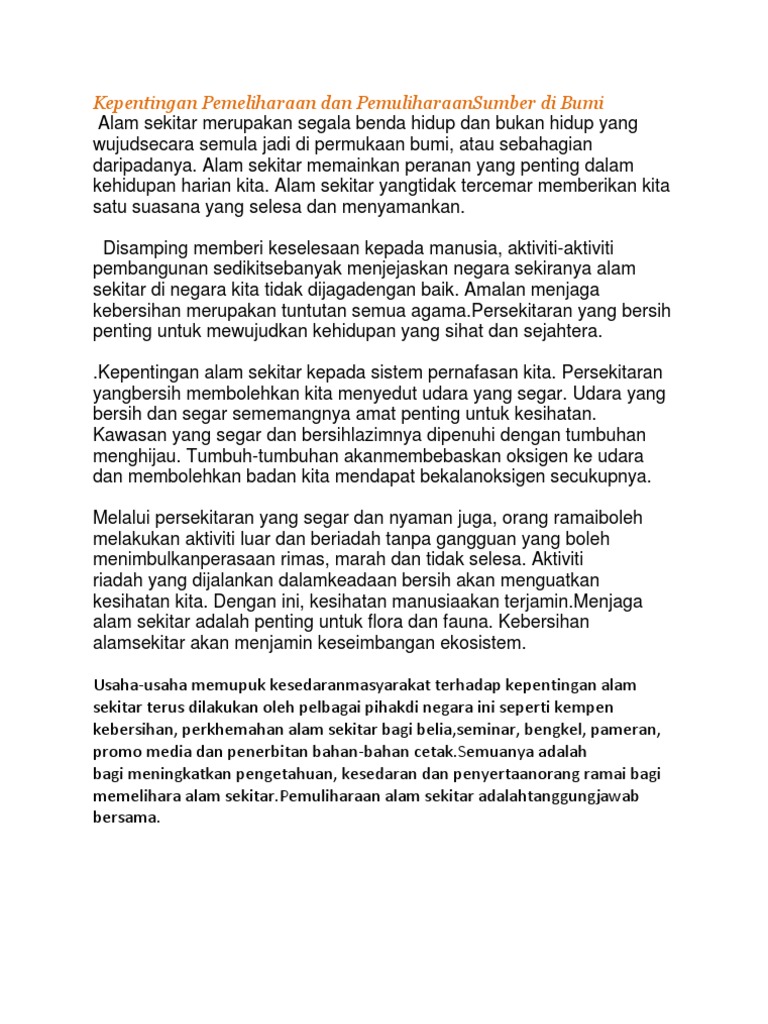 Kepentingan Pemeliharaan Dan Pemuliharaansumber Di Bumi Pdf