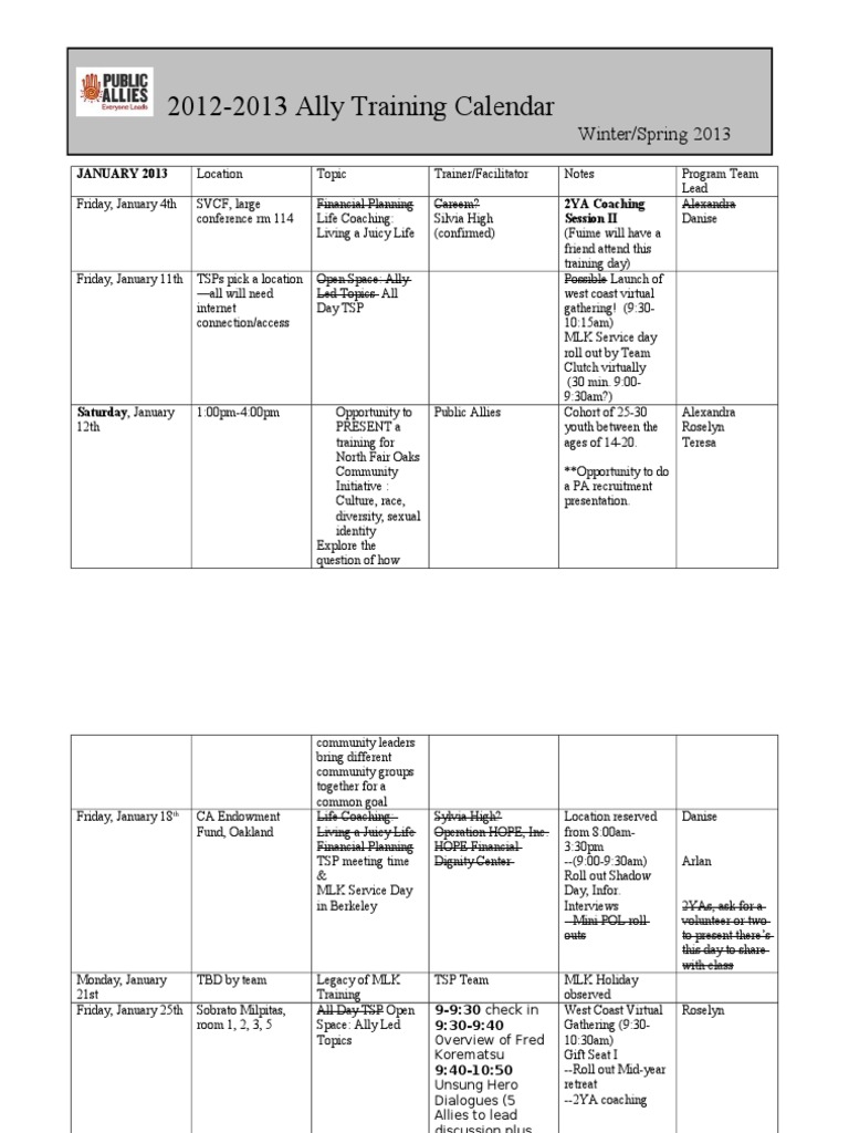 Winter Spring 2013 Ally Training Calendar | PDF