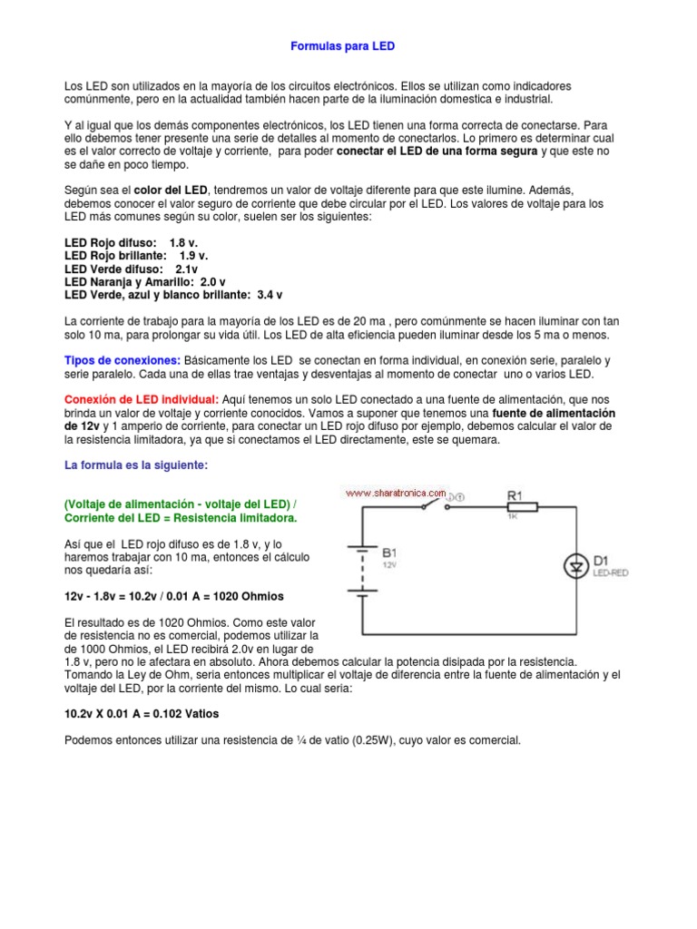 Formulas Para LED Diodo emisor de luz Resistencia Eléctrica y