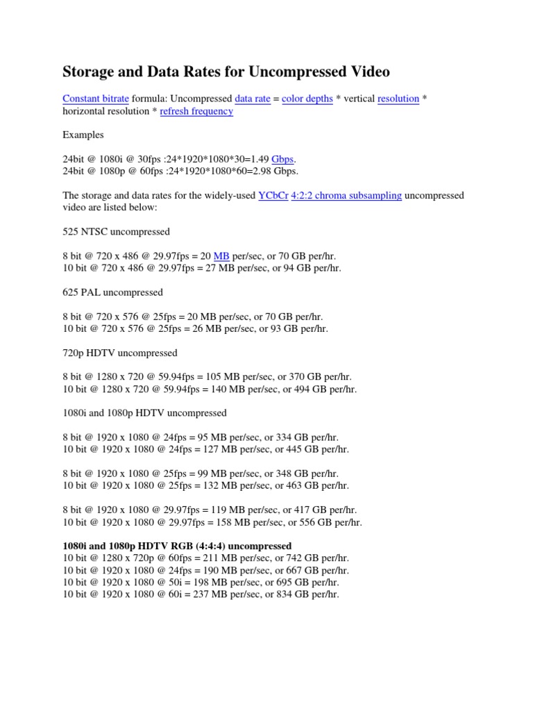 Storage and Data Rates For Uncompressed Video | PDF | Film And Video ...