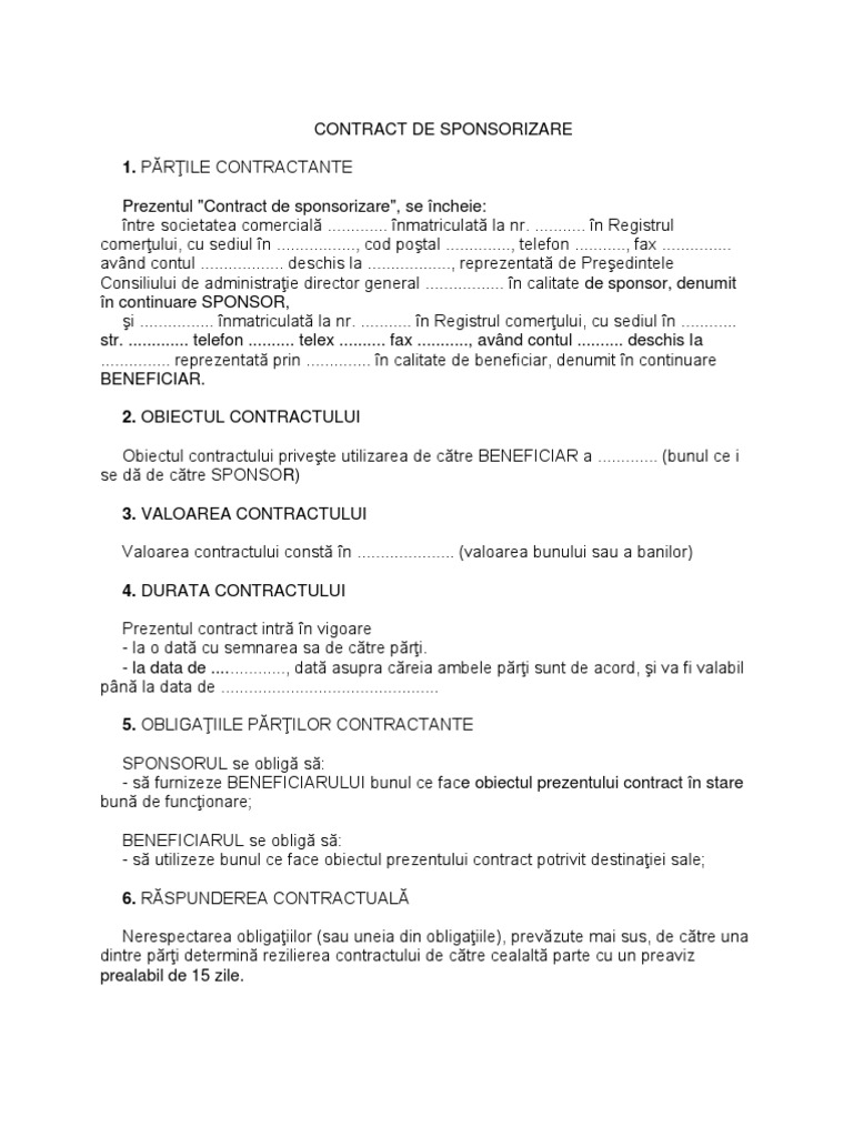 Model Contract de Sponsorizare