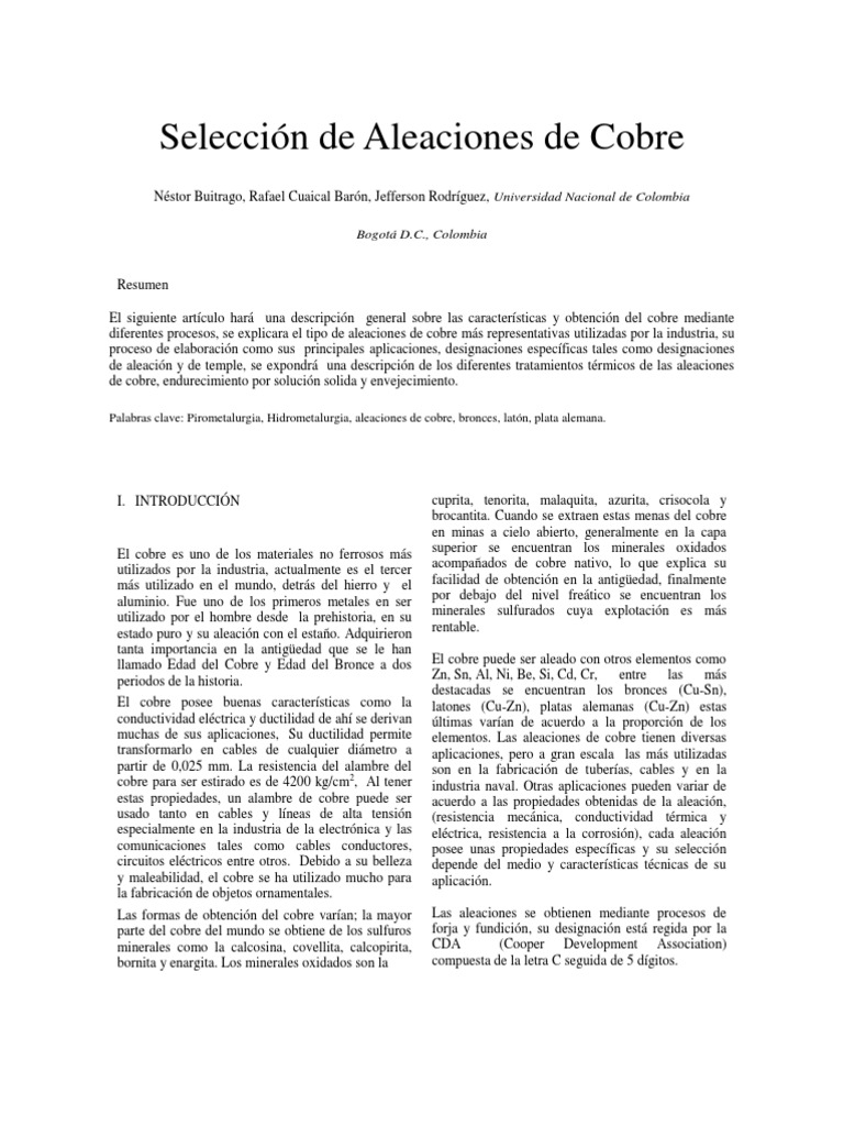 Principales aleaciones y extracción de cobre | PDF | Cobre | Latón