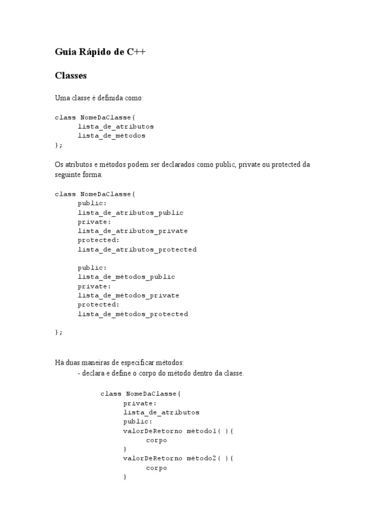 Guia de Classes e Métodos em C++ | PDF | C ++ | Classe (programação de ...