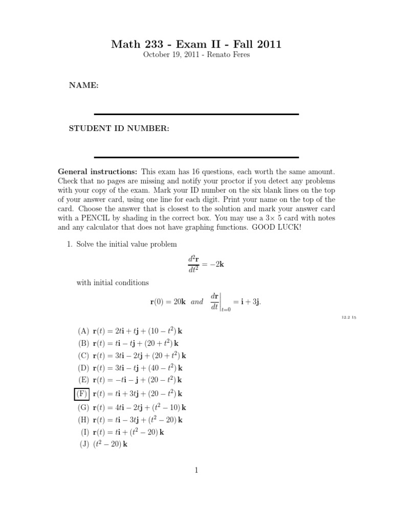 Math 233 Exam Ii Fall 2011 Pdf Curvature Euclidean Vector