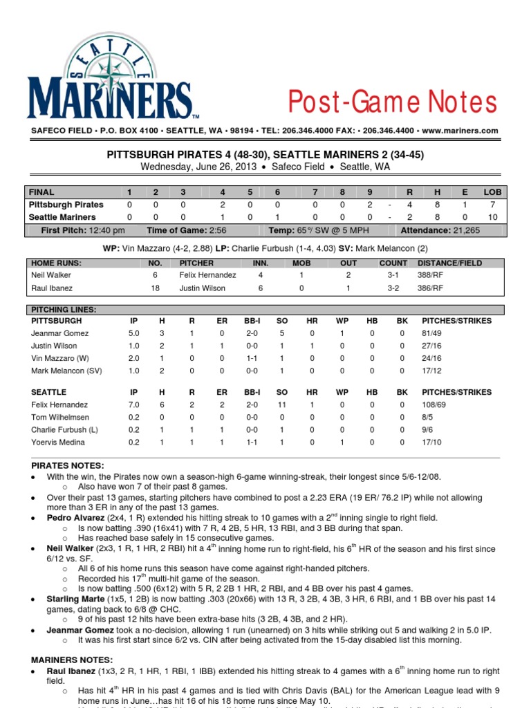 Mariners vs. Pirates Game Recap | PDF | Home Run | Major League ...