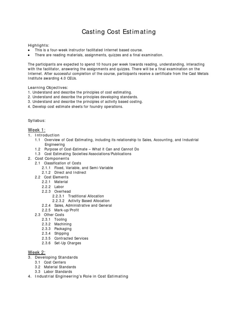 Casting Cost Estimation Course Overview | PDF | Foundry | Industries