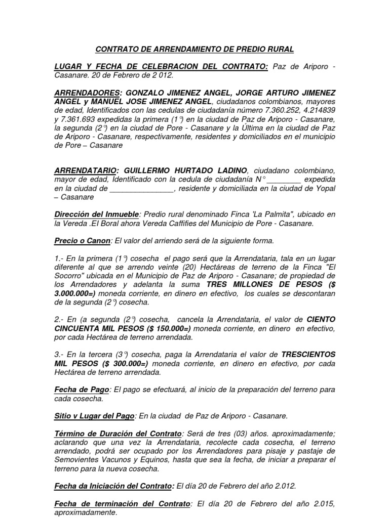 Contrato de Arrendamiento de Predio Rural Payments Justice