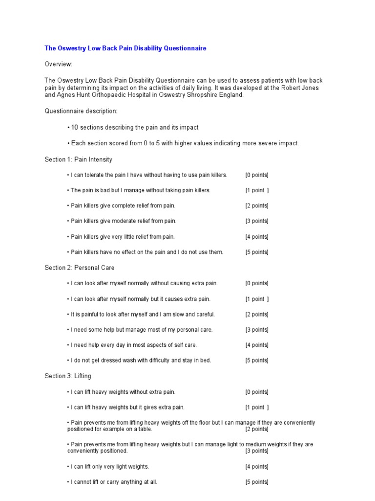 UPITNIK Oswestry Low Back Pain Disability Questionnaire (In Dutch ...