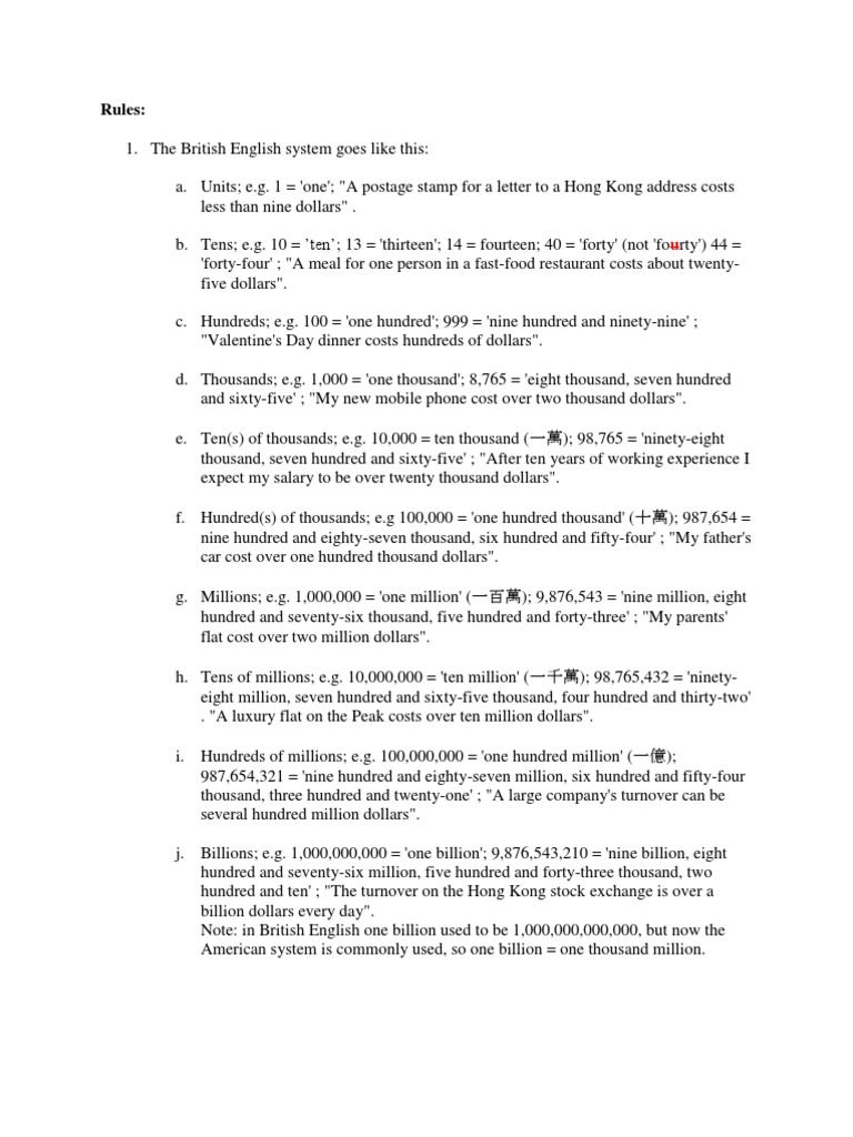 Describing Numbers In English With Rules Dollar Business