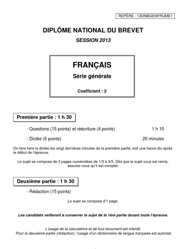 Sujet Brevet Francais Serie Generale