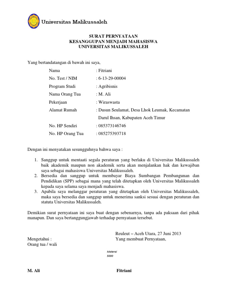 Contoh Surat Perjanjian Mahasiswa - IMAGESEE