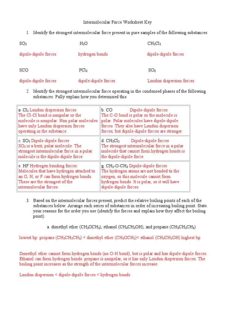 25 Intermolecular Force Worksheet Key  Chemical Polarity With Forces Worksheet 1 Answer Key