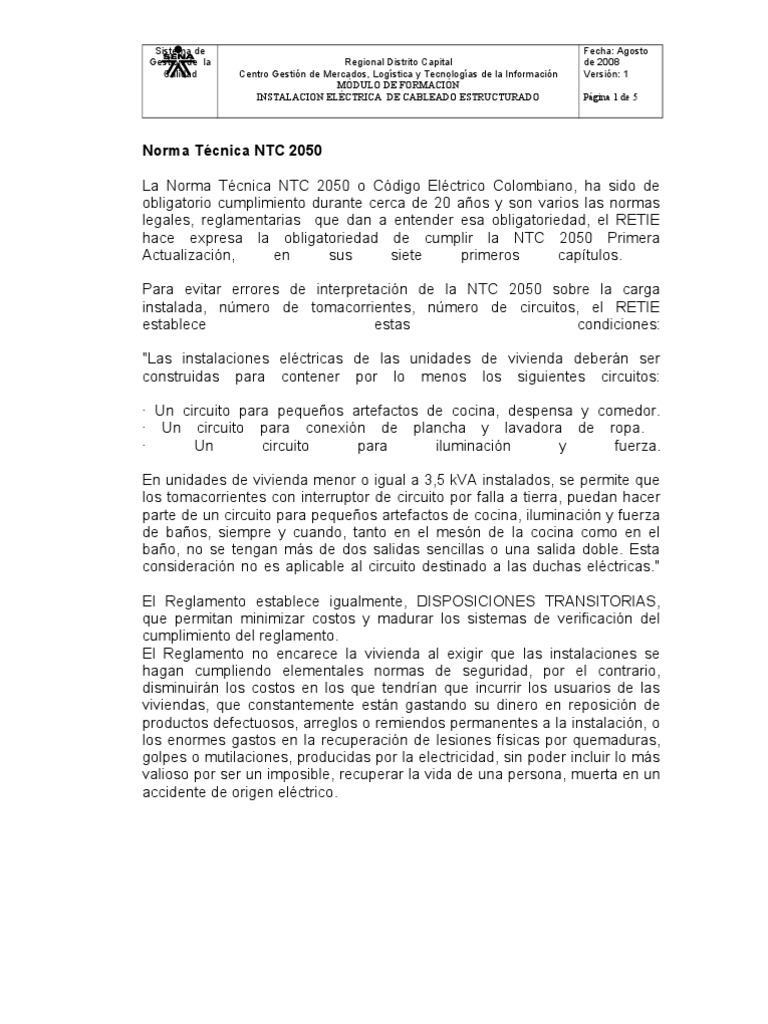 Norma Tecnica NTC 2050 PDF Enchufes y tomas de corriente alterna