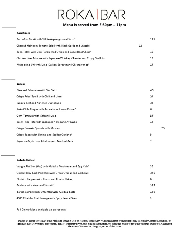 Roka Akor Bar Menu | PDF