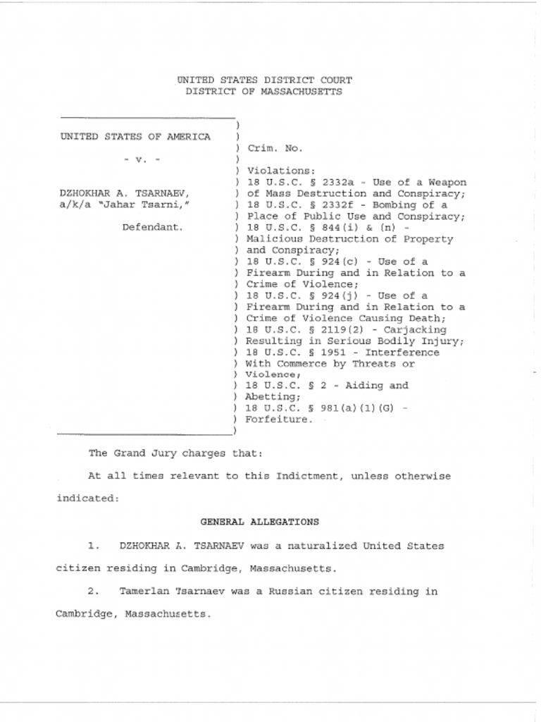 Dzhokhar Tsarnaev: Federal Grand Jury Indictment | PDF | Judiciaries ...