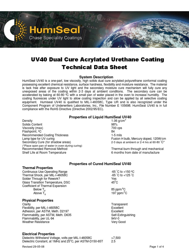 Humiseal UV40 UV Cure Conformal Coating English Tds PDF Ultraviolet