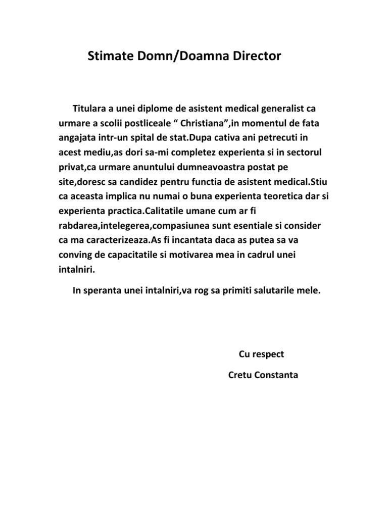 Model Scrisoare De Intentie Asistent Medical Generalist - Scrisoarea ta