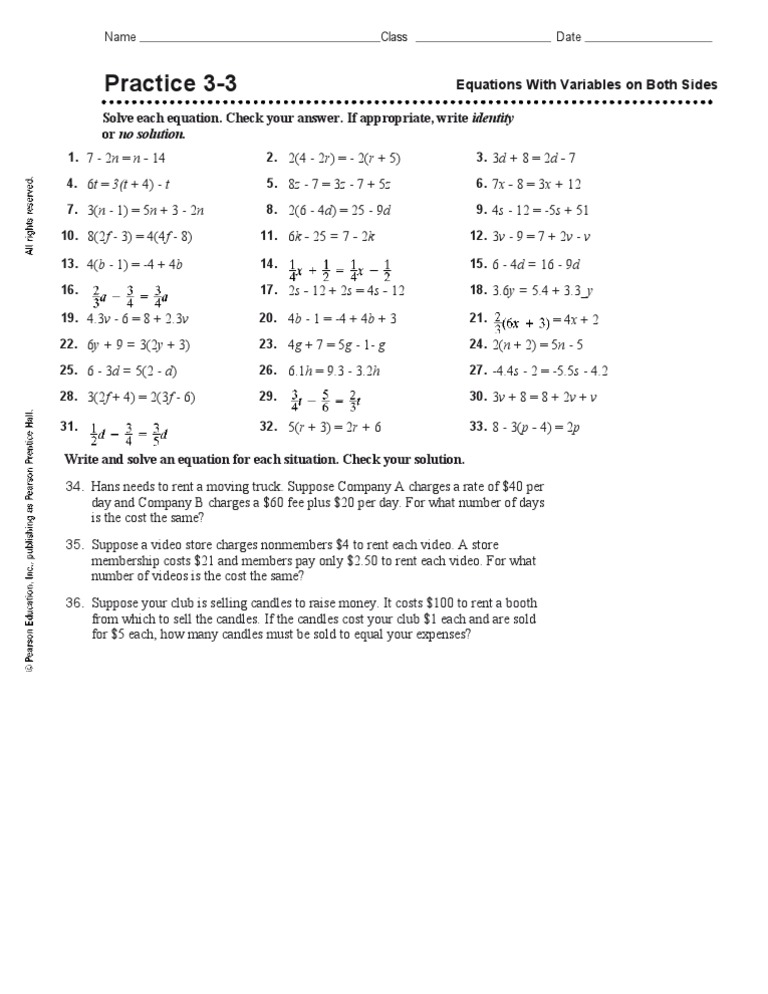 Day 5 - Solving Equations With Variables On Both Sides Homework Worksheet