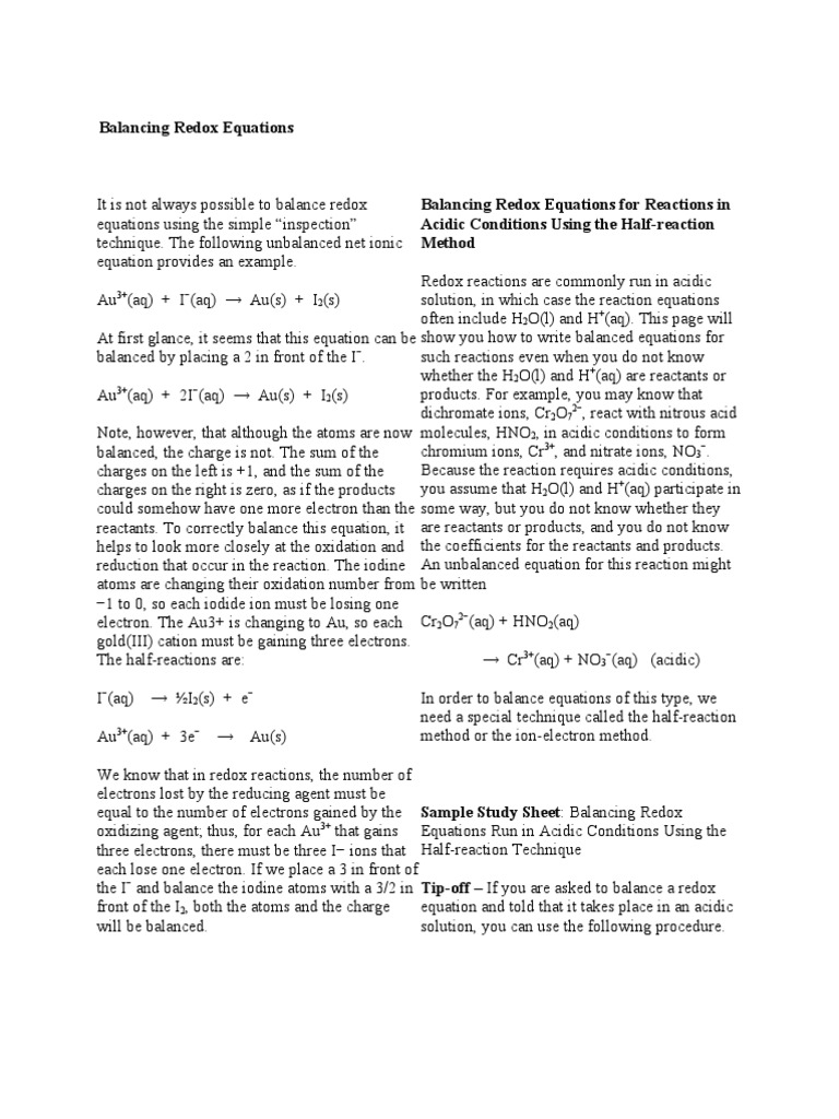 Balancing Redox Equations Techniques | PDF | Redox | Chemical Reactions