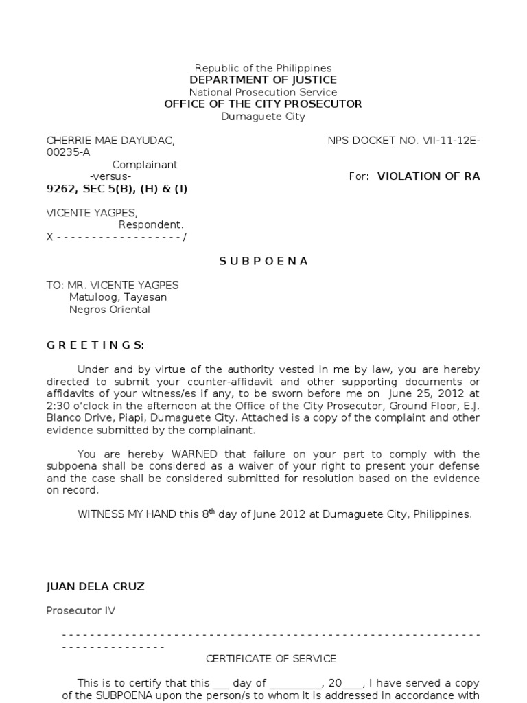 Sample Subpoena for Respondent