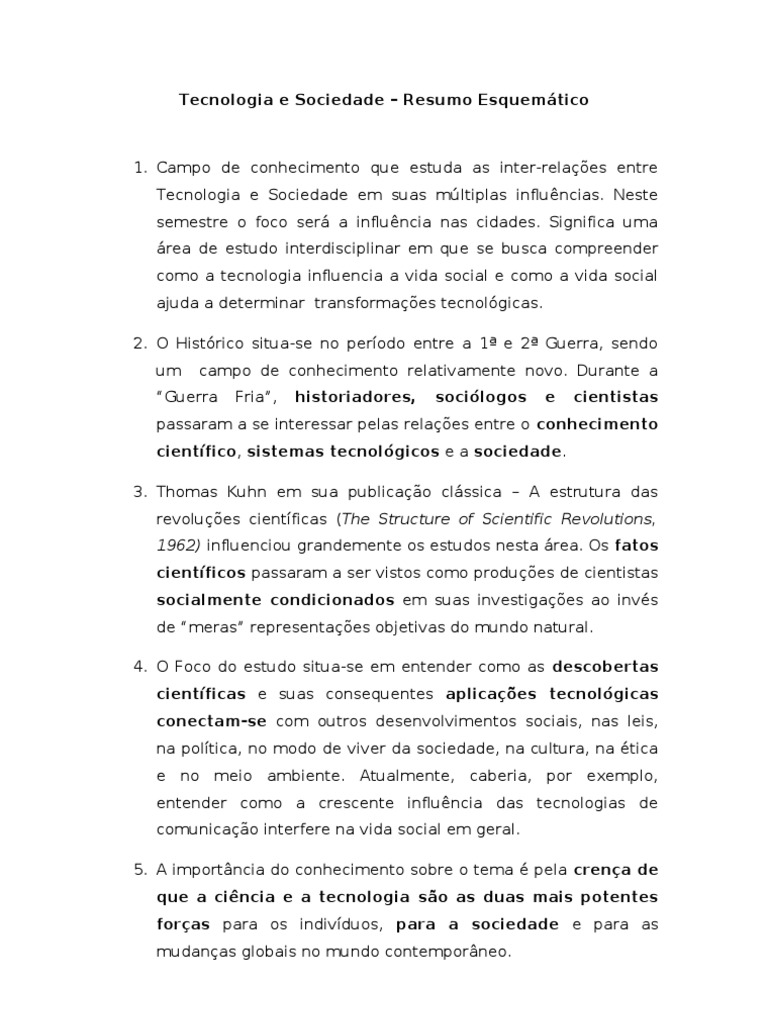Tecnologia e Sociedade Resumo Esquemático | PDF | Sociologia | Science