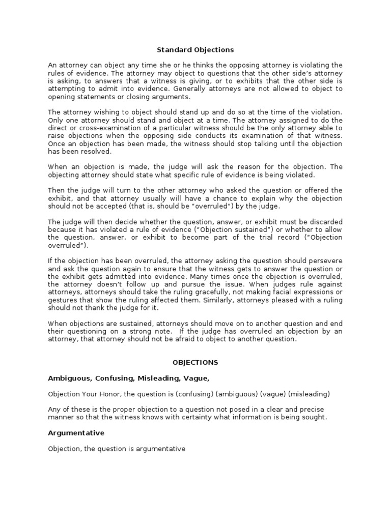 Standard Objections Objection (Law) Witness