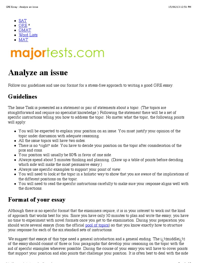 GRE Essay : Analyze an Issue  Graduate Record Examinations  Essays