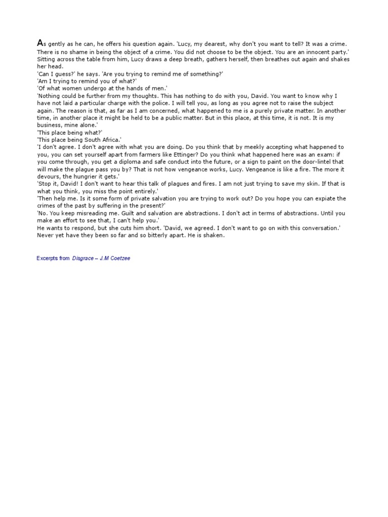 Excerpts from Coetzee's Disgrace | PDF