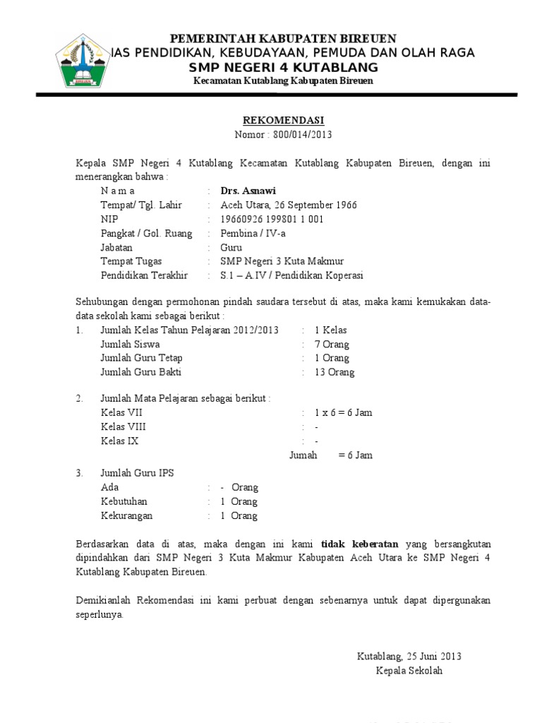 Contoh Surat Rekomendasi Pindah Tugas Mengajar Dari Kepala Contoh Surat Rekomendasi Pindah Tugas Mengajar Dari Kepala