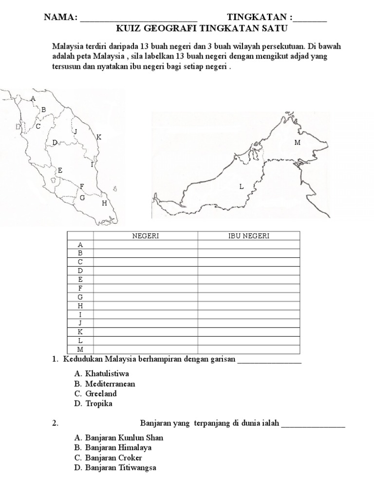 Kuiz Geografi Tingkatan Satu  PDF