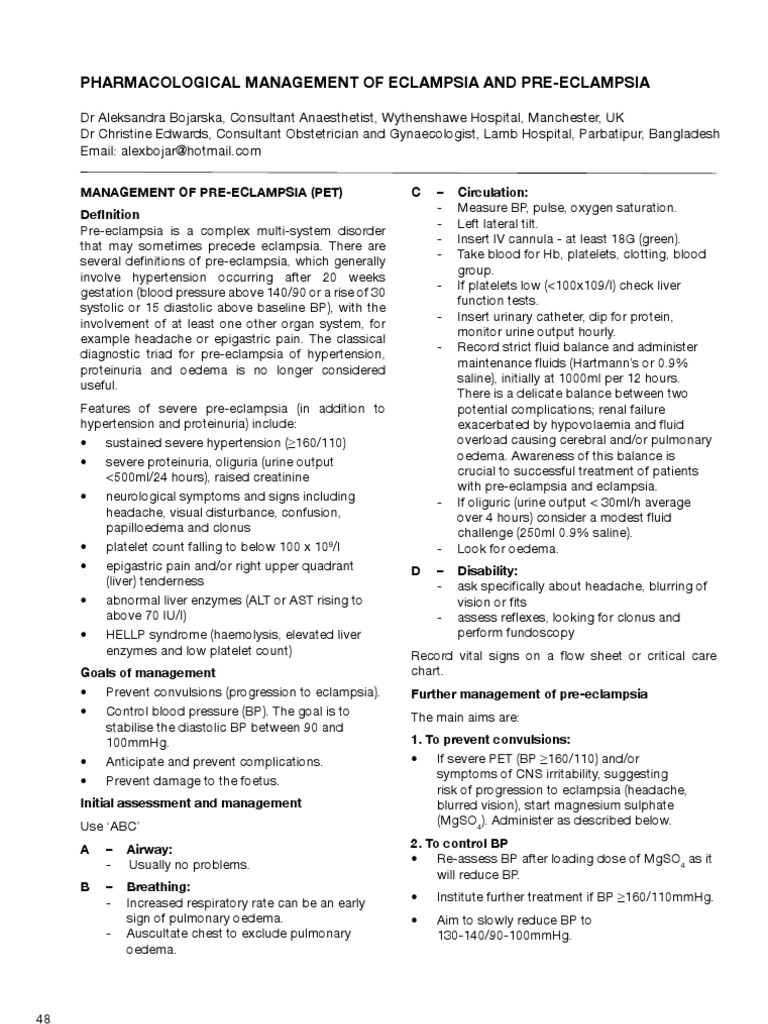 Eclampsia and Preeclampsia Pharmacological Management Hypertension