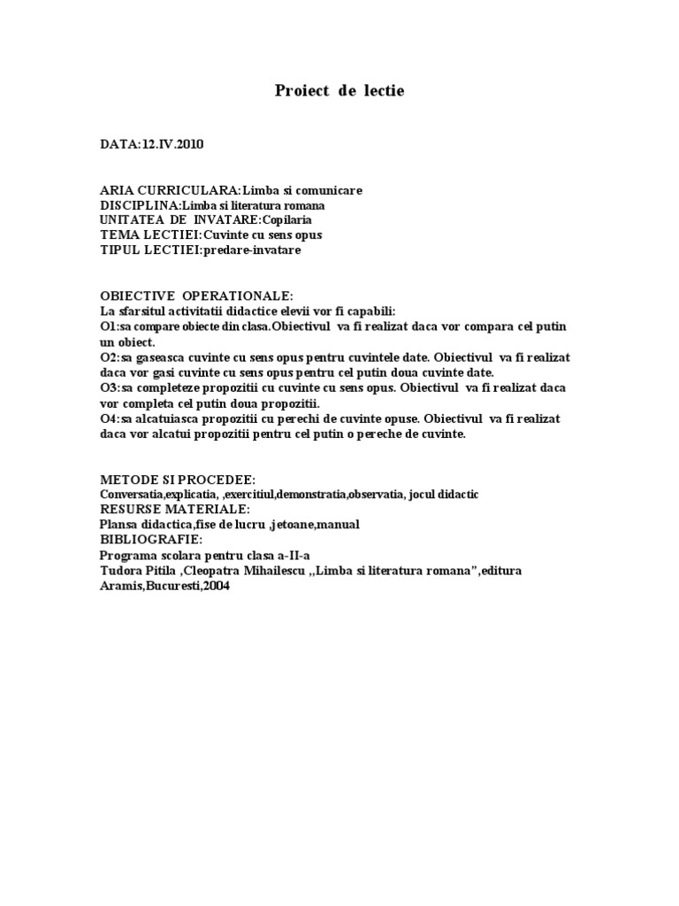 Sens Opus Bland Cuv Cu Sens Opus-Proiect Didactic | PDF