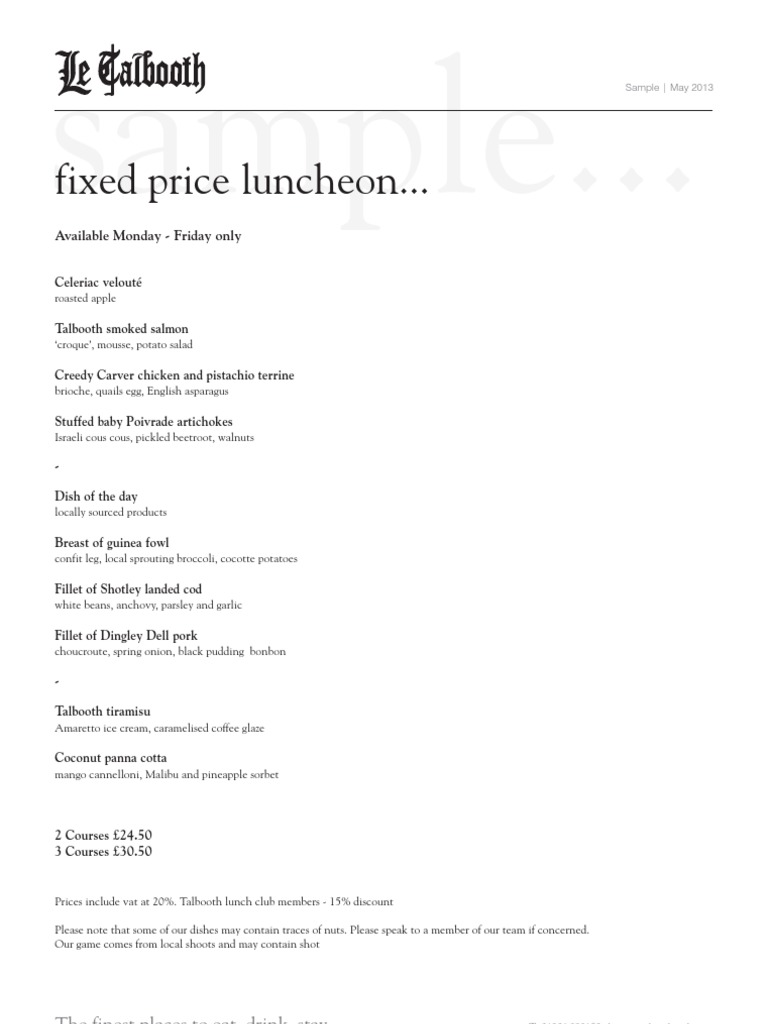 Le Talbooth Lunch Menu & Prices | PDF | Cuisine | Cooking