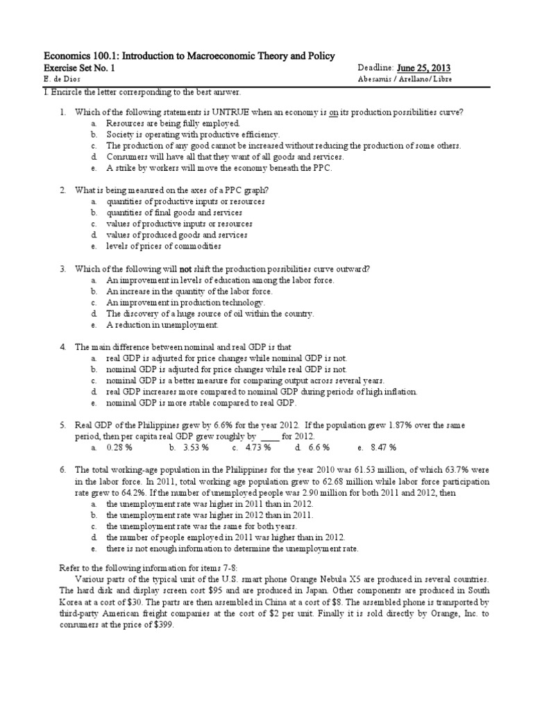 Econ 100.1 Exercise Set No. 1 | PDF | Gross Domestic Product | Real ...