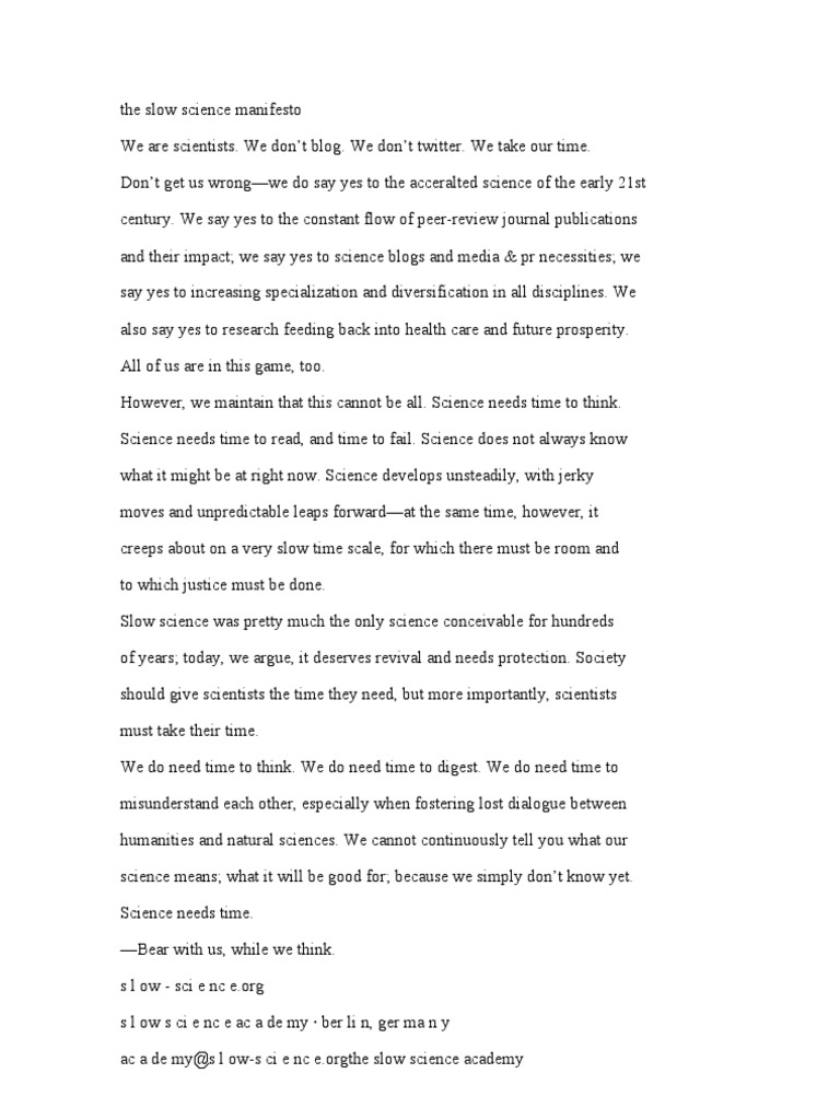 The Slow Science Manifesto | PDF | Science | Science (General)