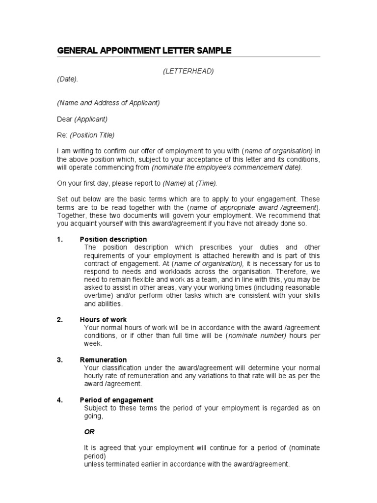 General Appointment Letter Sample Working Time Overtime