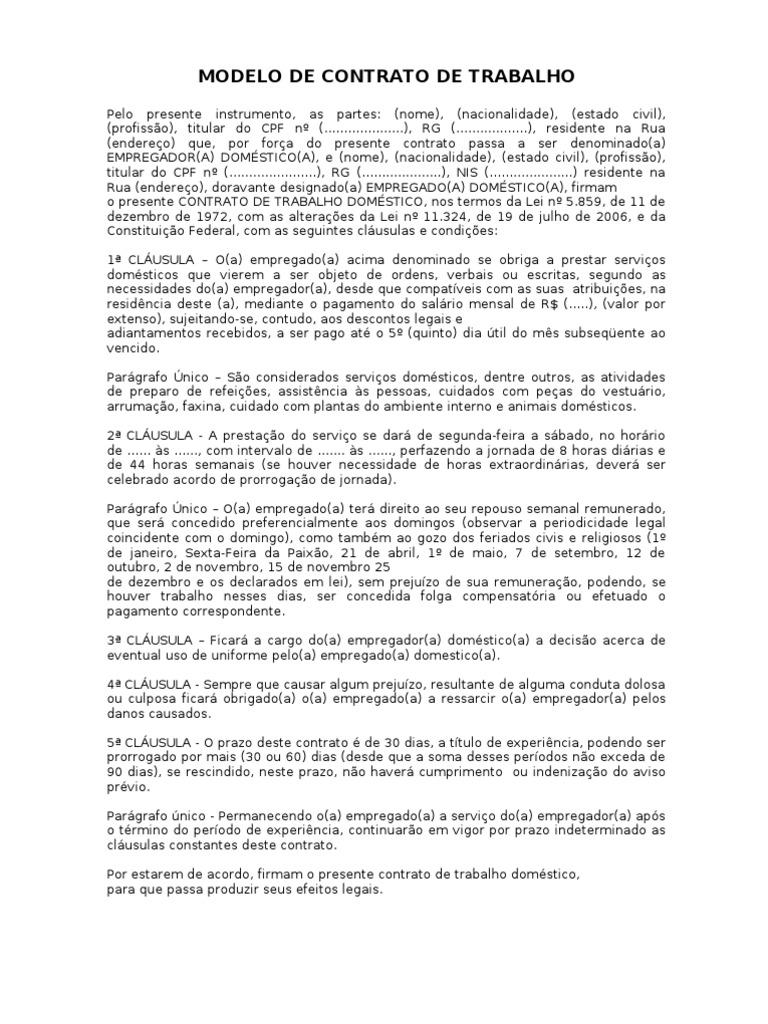 Modelo De Contrato De Trabalho Trabalho Temporário Salário