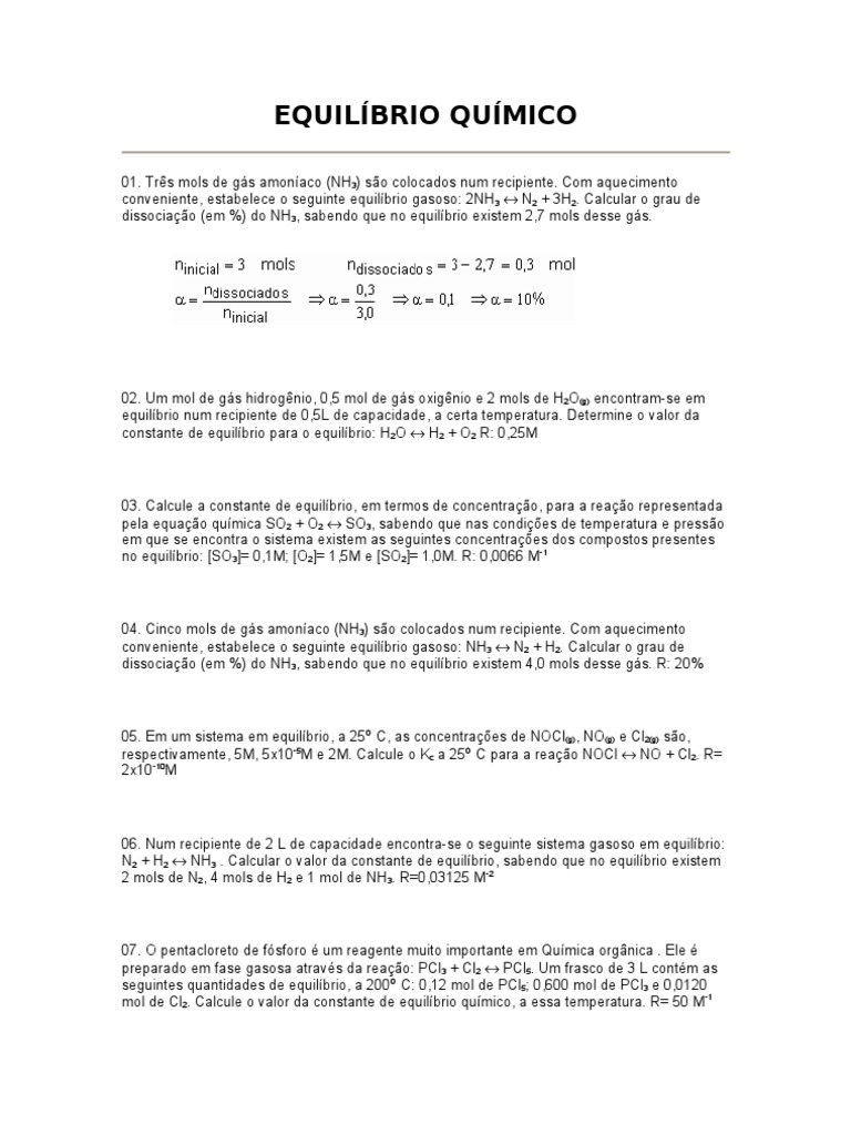 EQUILIBRIO QUIMICO Exercicios | Download grátis PDF | Equilíbrio ...