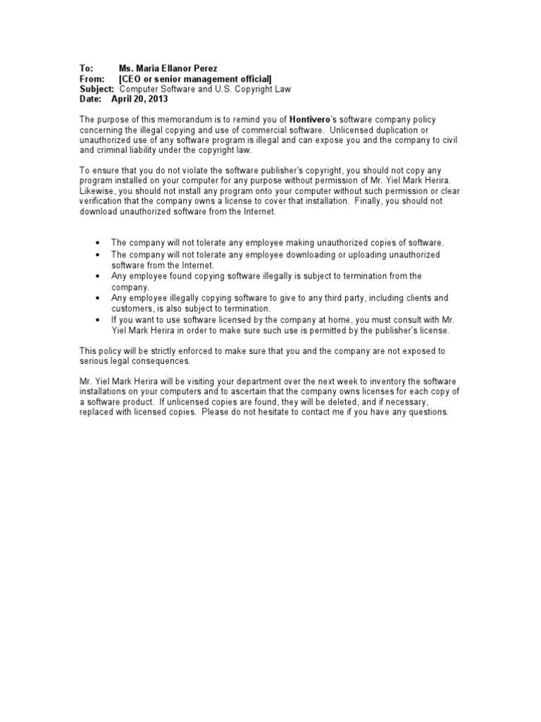 Sample Memo To Employees  PDF  Copyright Infringement