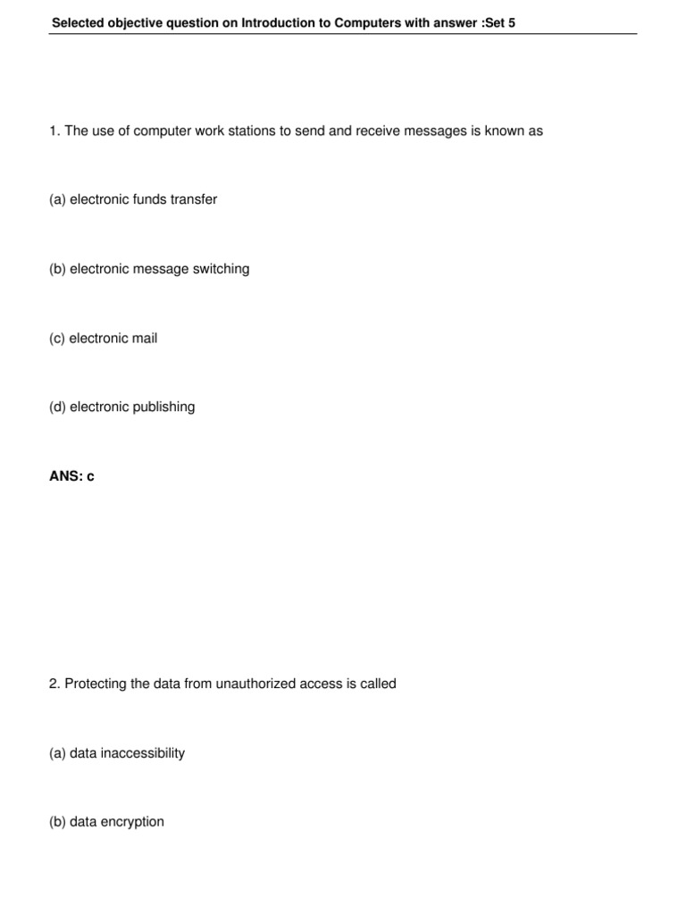 Selected Objective Question On Introduction To Computers With Answer