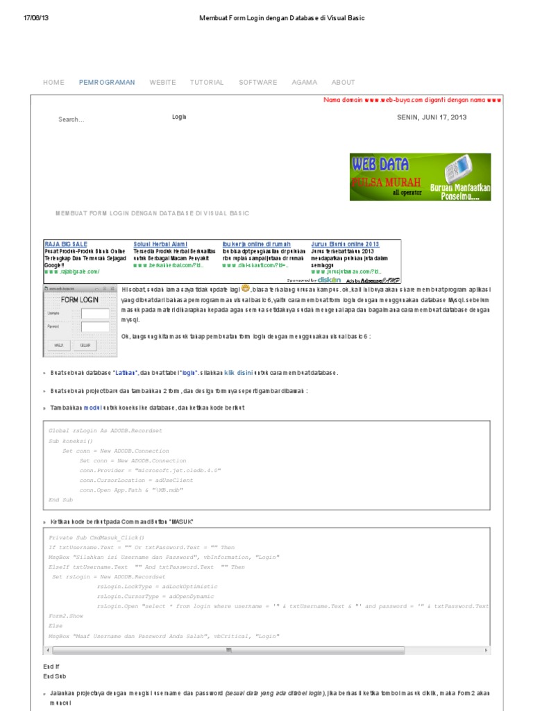 Membuat Form Login Dengan Database Di Visual Basic | PDF