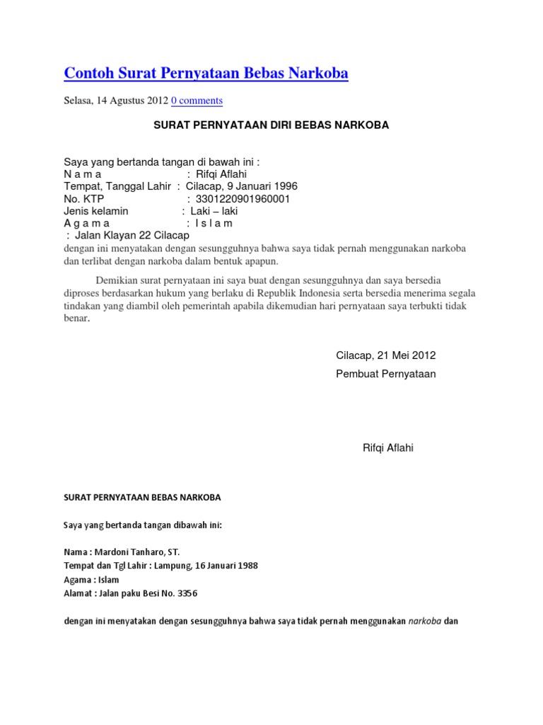 Contoh Surat Pernyataan Bebas Narkoba