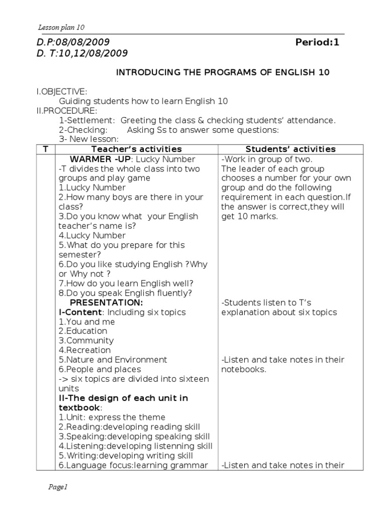 Lesson Plan For Mathematics Grade 10