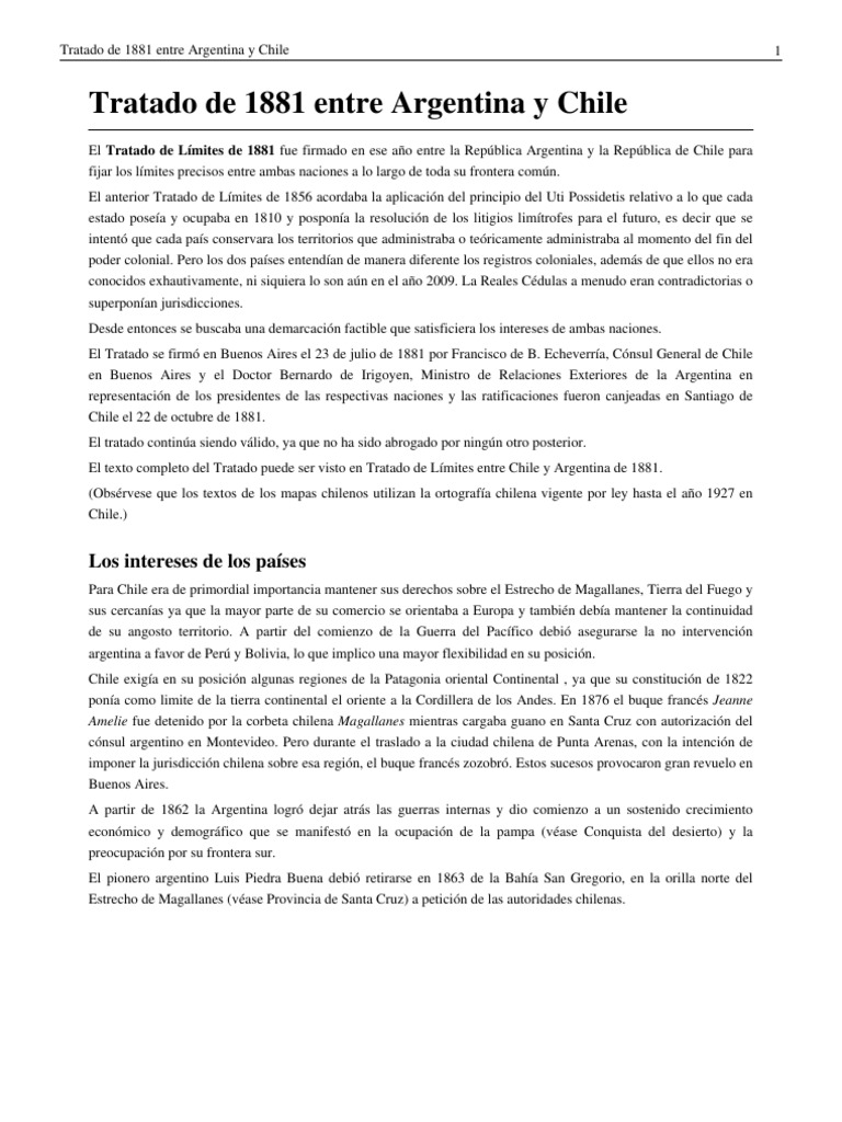 Tratado Entre Argentina y Chile de 1881 - Historia | PDF | América del ...